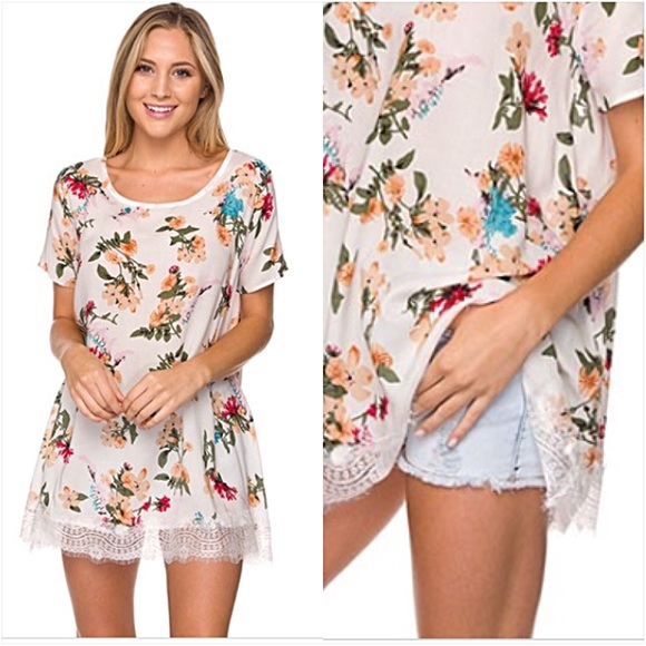 📍SALE Relaxed Flowy Floral Lace Hem Tunic SML - Picture 6 of 8